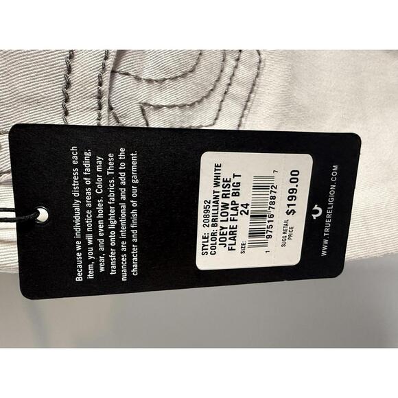 NWT True Religion Joey Low Rise Flare Big T Flap Jeans Size 24 White 31” Inseam - Picture 8 of 10